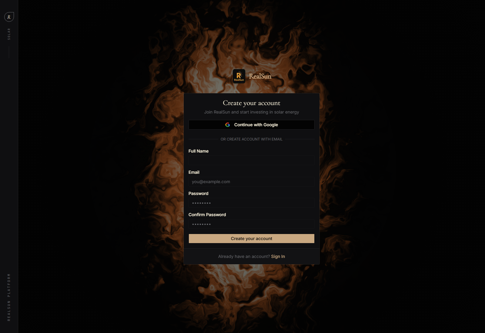 RealSun registration page screenshot